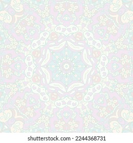 Seamless tile texture. Tracery mehndi design image. Pastel. Ethnic doodle art. Curved doodling picture. Vector