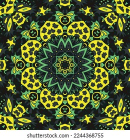 Seamless tile texture. Tracery mehndi design image. Dark toxic colors. Ethnic doodle art. Curved doodling picture. Vector