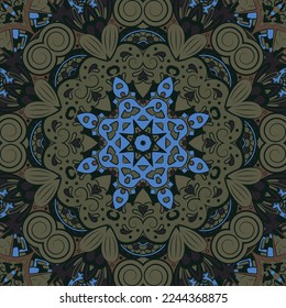 Seamless tile texture. Tracery mehndi design image. Dark toxic colors. Ethnic doodle art. Curved doodling picture. Vector
