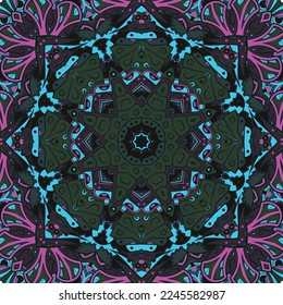 Seamless tile texture. Tracery mehndi design image. Dark toxic colors. Ethnic doodle art. Curved doodling picture. Vector