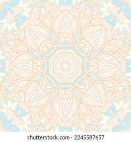 Seamless tile texture. Tracery mehndi design image. Pastel. Ethnic doodle art. Curved doodling picture. Vector