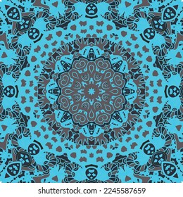 Seamless tile texture. Tracery mehndi design image. Dark toxic colors. Ethnic doodle art. Curved doodling picture. Vector