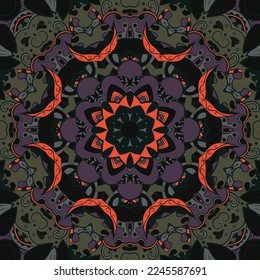 Seamless tile texture. Tracery mehndi design image. Dark toxic colors. Ethnic doodle art. Curved doodling picture. Vector