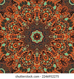 Seamless tile texture. Tracery mehndi design image. Dark toxic colors. Ethnic doodle art. Curved doodling picture. Vector