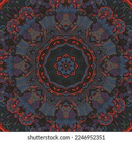 Seamless tile texture. Tracery mehndi design image. Dark toxic colors. Ethnic doodle art. Curved doodling picture. Vector