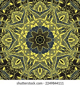 Seamless tile texture. Tracery mehndi design image. Dark toxic colors. Ethnic doodle art. Curved doodling picture. Vector