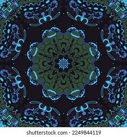 Seamless tile texture. Tracery mehndi design image. Dark toxic colors. Ethnic doodle art. Curved doodling picture. Vector