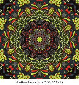 Texture harmonieuse de carreaux. Image de conception de la méthode de traçage. Des couleurs sombres et toxiques. L'art du gribouillage ethnique. L'image du gribouillage courbe. Image vectorielle