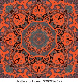 Seamless tile texture. Tracery mehndi design image. Dark toxic colors. Ethnic doodle art. Curved doodling picture. Vector