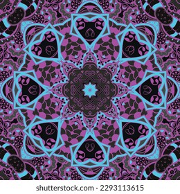 Seamless tile texture. Tracery mehndi design image. Dark toxic colors. Ethnic doodle art. Curved doodling picture. Vector