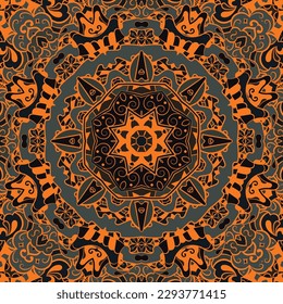 Seamless tile texture. Tracery mehndi design image. Dark toxic colors. Ethnic doodle art. Curved doodling picture. Vector