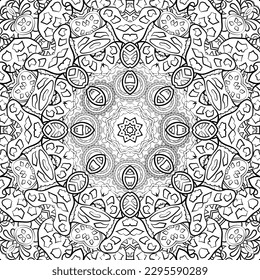 Seamless tile texture. Tracery mehndi design image. Binary monochrome black and white. Ethnic doodle art. Curved doodling picture. Vector
