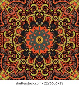 Seamless tile texture. Tracery mehndi design image. Dark toxic colors. Ethnic doodle art. Curved doodling picture. Vector