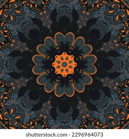 Seamless tile texture. Tracery mehndi design image. Dark toxic colors. Ethnic doodle art. Curved doodling picture. Vector