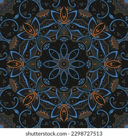 Seamless tile texture. Tracery mehndi design image. Dark toxic colors. Ethnic doodle art. Curved doodling picture. Vector