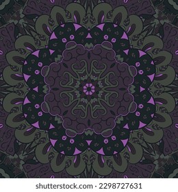 Seamless tile texture. Tracery mehndi design image. Dark toxic colors. Ethnic doodle art. Curved doodling picture. Vector