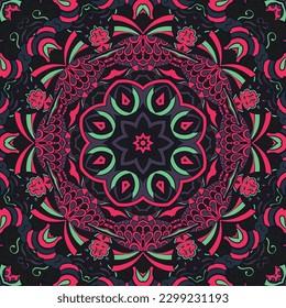 Seamless tile texture. Tracery mehndi design image. Dark toxic colors. Ethnic doodle art. Curved doodling picture. Vector