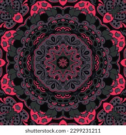 Seamless tile texture. Tracery mehndi design image. Dark toxic colors. Ethnic doodle art. Curved doodling picture. Vector