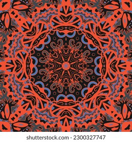 Seamless tile texture. Tracery mehndi design image. Dark toxic colors. Ethnic doodle art. Curved doodling picture. Vector