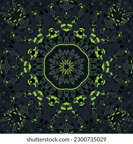 Seamless tile texture. Tracery mehndi design image. Dark toxic colors. Ethnic doodle art. Curved doodling picture. Vector