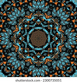 Seamless tile texture. Tracery mehndi design image. Dark toxic colors. Ethnic doodle art. Curved doodling picture. Vector