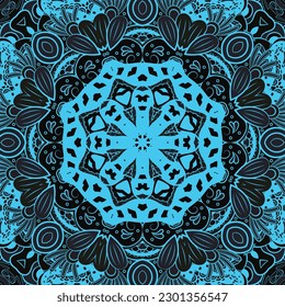 Seamless tile texture. Tracery mehndi design image. Dark toxic colors. Ethnic doodle art. Curved doodling picture. Vector