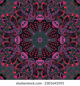 Seamless tile texture. Tracery mehndi design image. Dark toxic colors. Ethnic doodle art. Curved doodling picture. Vector