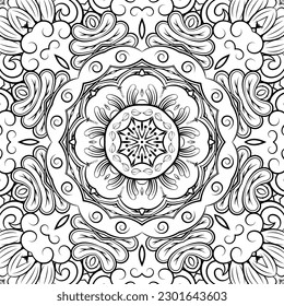 Seamless tile texture. Tracery mehndi design image. Binary monochrome black and white. Ethnic doodle art. Curved doodling picture. Vector