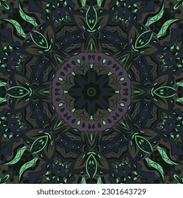 Seamless tile texture. Tracery mehndi design image. Dark toxic colors. Ethnic doodle art. Curved doodling picture. Vector