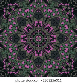 Seamless tile texture. Tracery mehndi design image. Dark toxic colors. Ethnic doodle art. Curved doodling picture. Vector