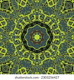Seamless tile texture. Tracery mehndi design image. Dark toxic colors. Ethnic doodle art. Curved doodling picture. Vector