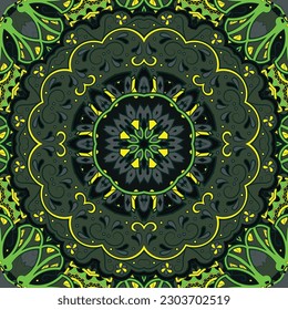 Seamless tile texture. Tracery mehndi design image. Dark toxic colors. Ethnic doodle art. Curved doodling picture. Vector
