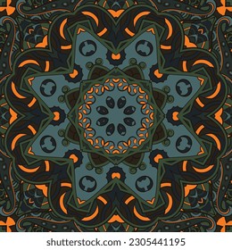 Seamless tile texture. Tracery mehndi design image. Dark toxic colors. Ethnic doodle art. Curved doodling picture. Vector