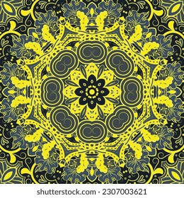 Seamless tile texture. Tracery mehndi design image. Dark toxic colors. Ethnic doodle art. Curved doodling picture. Vector