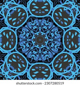 Seamless tile texture. Tracery mehndi design image. Dark toxic colors. Ethnic doodle art. Curved doodling picture. Vector