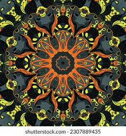 Seamless tile texture. Tracery mehndi design image. Dark toxic colors. Ethnic doodle art. Curved doodling picture. Vector