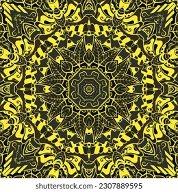 Seamless tile texture. Tracery mehndi design image. Dark toxic colors. Ethnic doodle art. Curved doodling picture. Vector
