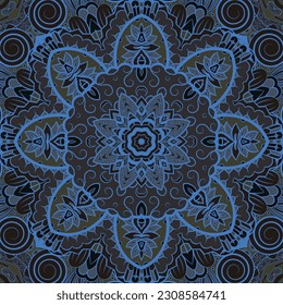 Seamless tile texture. Tracery mehndi design image. Dark toxic colors. Ethnic doodle art. Curved doodling picture. Vector