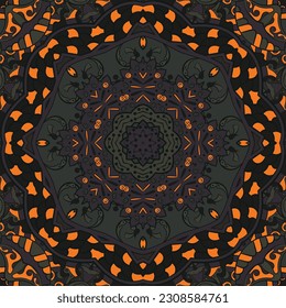 Seamless tile texture. Tracery mehndi design image. Dark toxic colors. Ethnic doodle art. Curved doodling picture. Vector