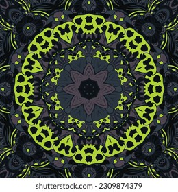 Seamless tile texture. Tracery mehndi design image. Dark toxic colors. Ethnic doodle art. Curved doodling picture. Vector