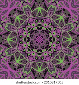 Seamless tile texture. Tracery mehndi design image. Dark toxic colors. Ethnic doodle art. Curved doodling picture. Vector