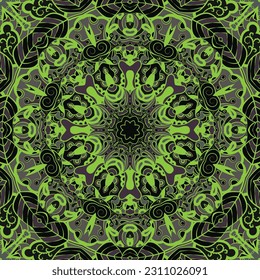 Seamless tile texture. Tracery mehndi design image. Dark toxic colors. Ethnic doodle art. Curved doodling picture. Vector