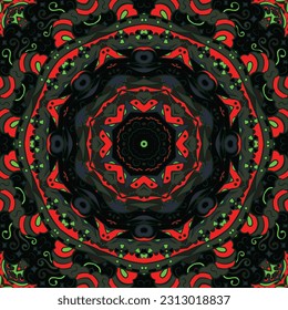 Seamless tile texture. Tracery mehndi design image. Dark toxic colors. Ethnic doodle art. Curved doodling picture. Vector