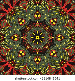 Seamless tile texture. Tracery mehndi design image. Dark toxic colors. Ethnic doodle art. Curved doodling picture. Vector