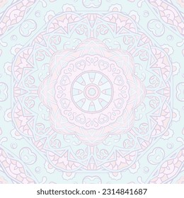 Seamless tile texture. Tracery mehndi design image. Pastel. Ethnic doodle art. Curved doodling picture. Vector