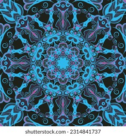 Seamless tile texture. Tracery mehndi design image. Dark toxic colors. Ethnic doodle art. Curved doodling picture. Vector