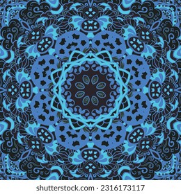 Seamless tile texture. Tracery mehndi design image. Dark toxic colors. Ethnic doodle art. Curved doodling picture. Vector