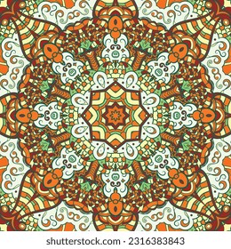 Seamless tile texture. Tracery mehndi design image. Ethnic doodle art. Curved doodling picture. Vector