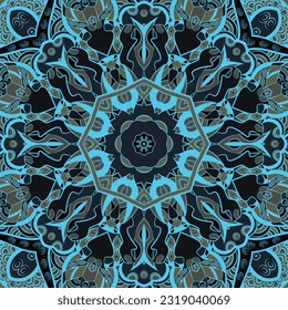 Seamless tile texture. Tracery mehndi design image. Dark toxic colors. Ethnic doodle art. Curved doodling picture. Vector