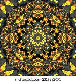 Seamless tile texture. Tracery mehndi design image. Dark toxic colors. Ethnic doodle art. Curved doodling picture. Vector